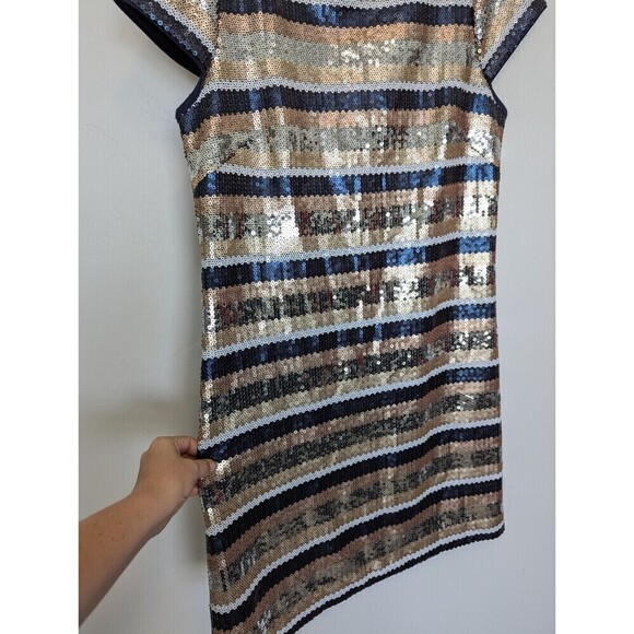 Vince Camuto Sequin Dress Womens Size 12 Navy Blue Gold Stripe - Picture 5 of 12